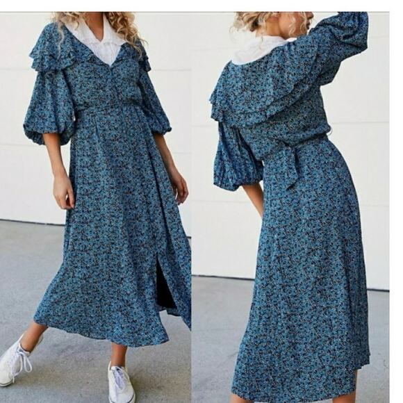 Free People “Float On A Sunbeam Floral Ruffle Midi Dress” Blue NWT Small - Picture 1 of 10